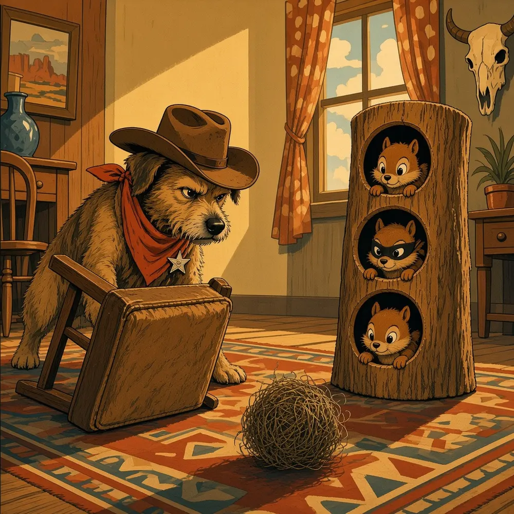 Illustration: a proud dachshund carries a plush squirrel past a plush tree stump full of toy squirrels while a real squirrel glares